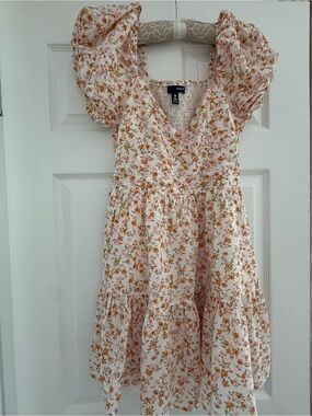 Aqua Pink Floral Tiered Ruffle Sleeve Dress
